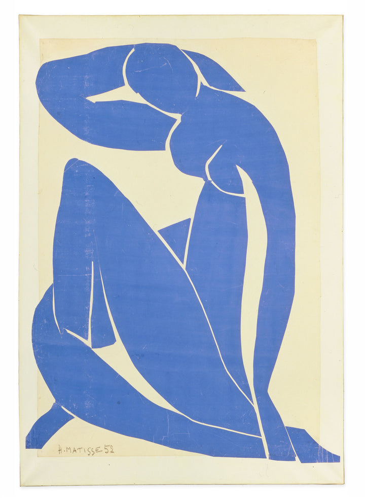 Original artwork, Nu bleu, II, by Henri Matisse, a bright blue, abstract, silhouetted female figure in a curled, seated position, with sharp cut-out edges, set against an off-white background.