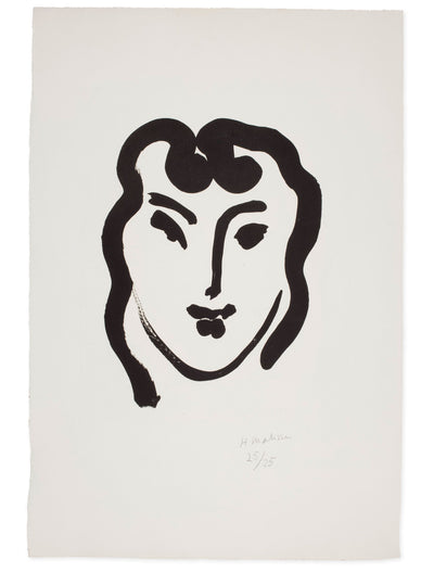 Original artwork by Henri Matisse, Patitcha souriante, a minimalist black ink painting of a woman's smiling face in an abstract, expressive style on an off-white background.