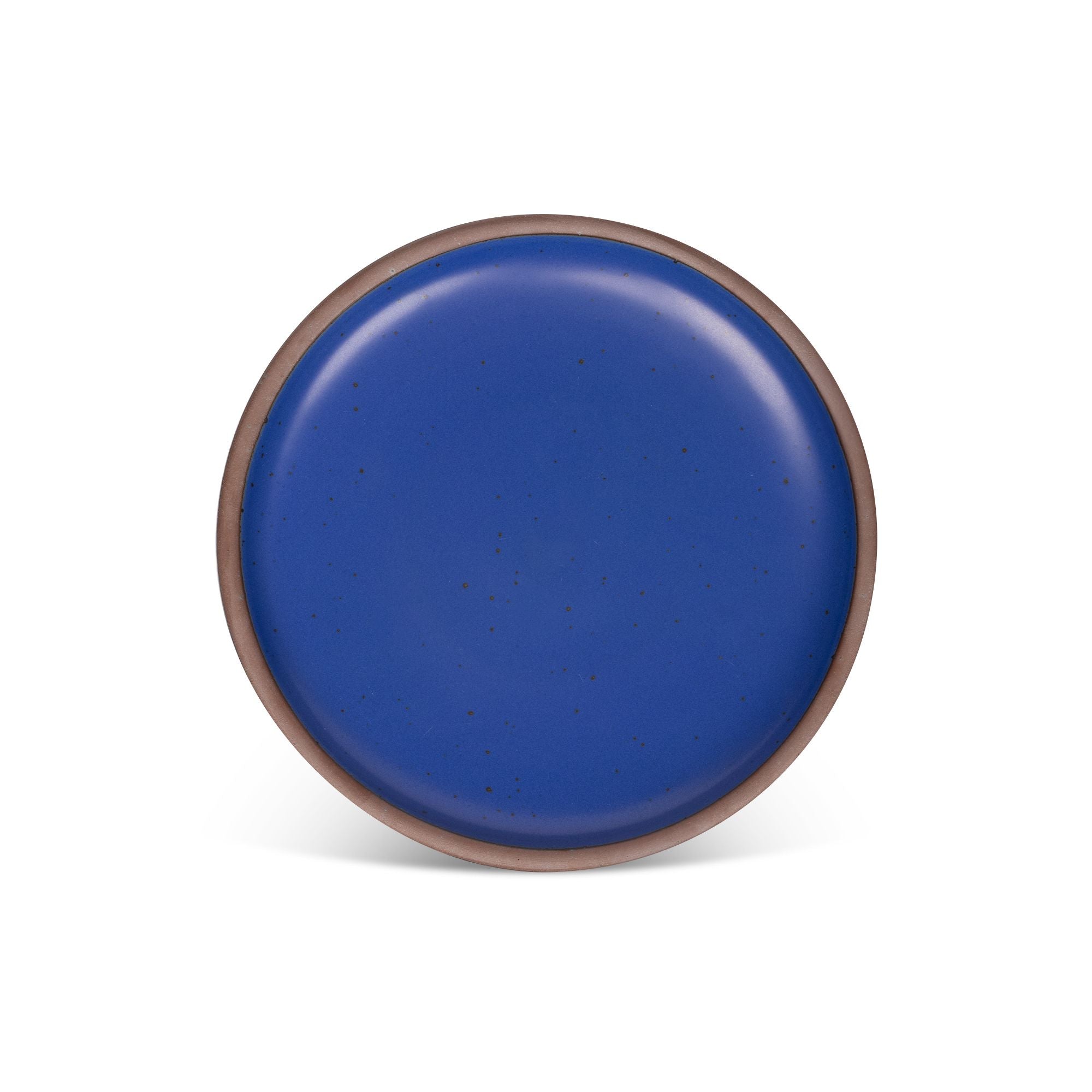 A dinner sized ceramic plate in a cobalt blue color featuring iron speckles and an unglazed rim