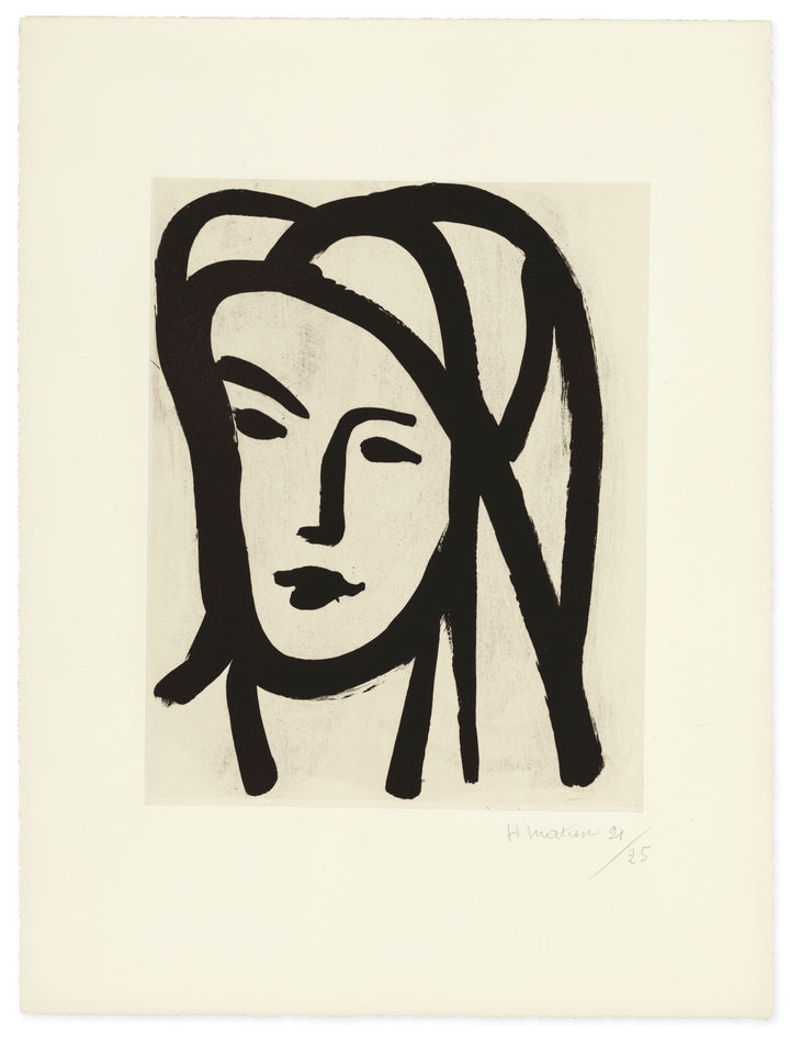 Original artwork, Bédouine au grand voile, by Henri Matisse. A minimalist black ink painting of a woman's face wearing a large veil depicted by bold brushstrokes in an abstract, expressive style on an off-white background.