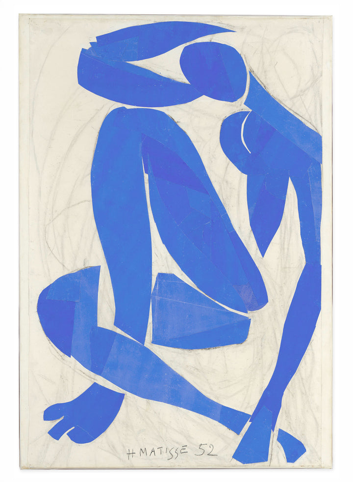 Original artwork, Nu bleu, IV, by Henri Matisse, a bright blue, abstract, silhouetted female figure in a curled, seated position, with sharp cut-out edges, set against an off-white background.
