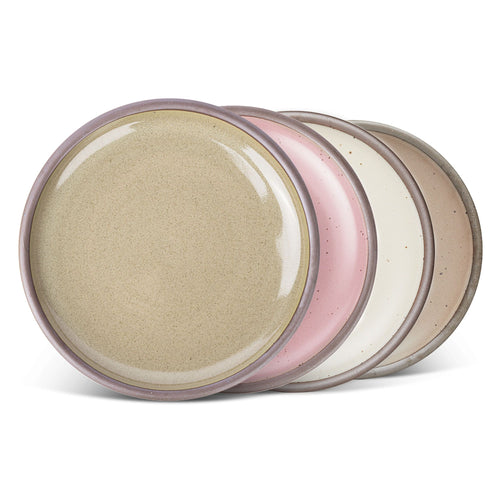 4 dinner sized ceramic plates in a reflective dappled grey-green, warm off-white, warm pale brown and dusty mauve pink colors featuring iron speckles and an unglazed rim