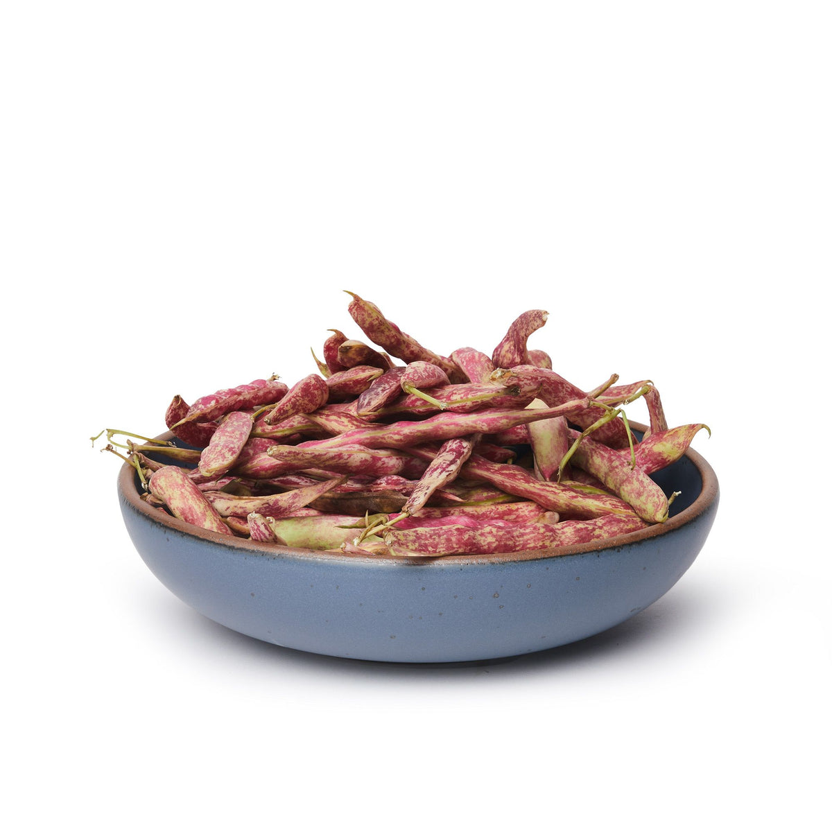 A large shallow serving ceramic bowl in a cool, medium blue color featuring iron speckles and an unglazed rim, filled with food
