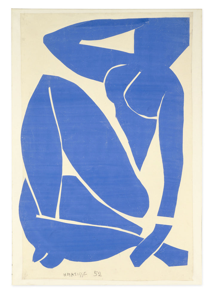 Original artwork, Nu bleu, III, by Henri Matisse, a bright blue, abstract, silhouetted female figure in a curled, seated position, with sharp cut-out edges, set against an off-white background.