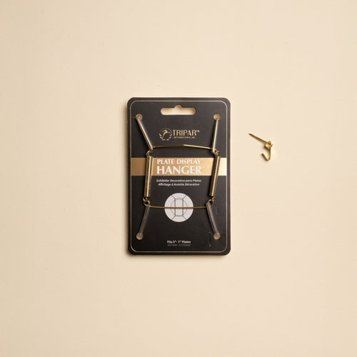 A brass plate hanger in its black cardboard package, with a nail off to the side.
