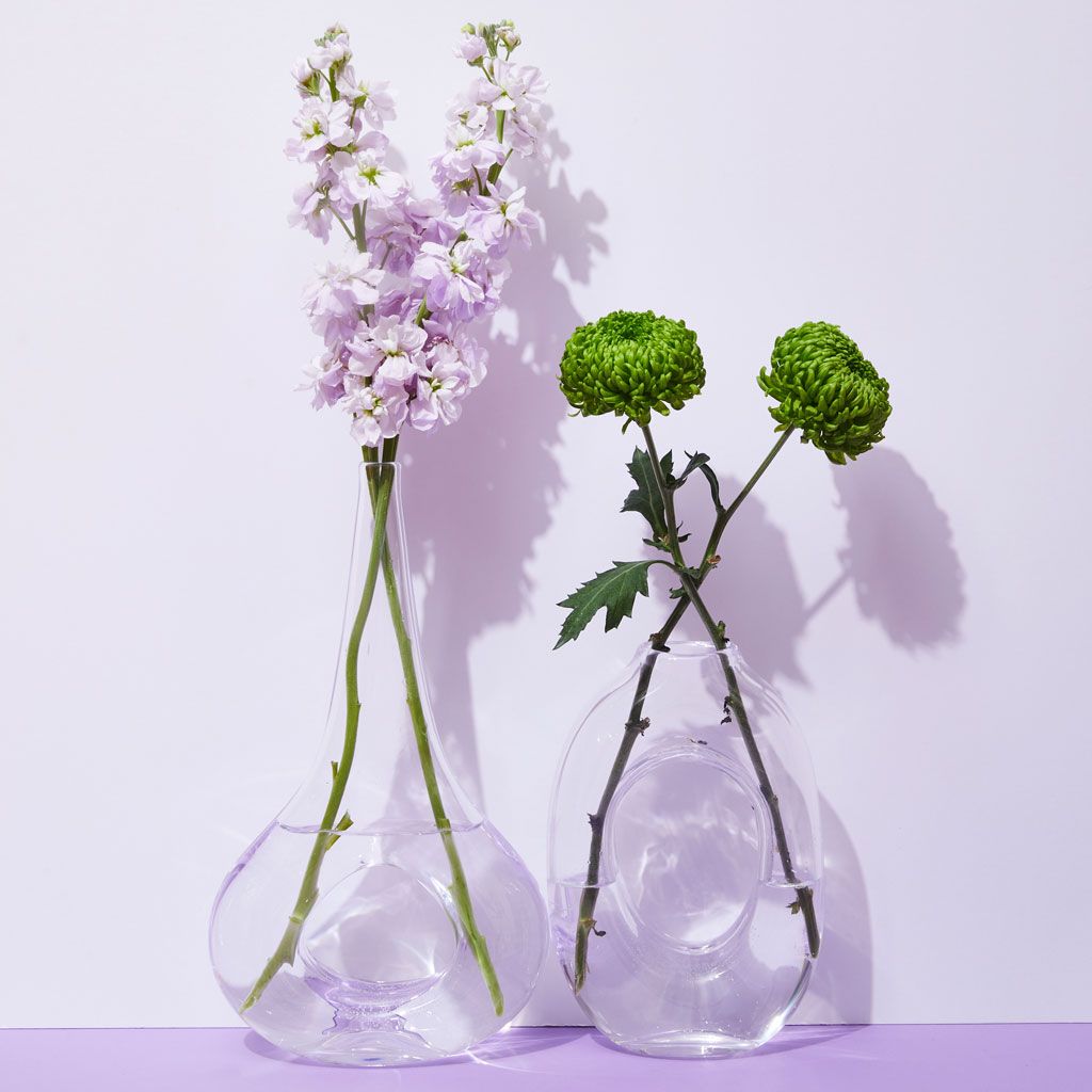 One tall and one shorter clear glass loop vases, one containing two purple flowers and the other containing two green flowers.