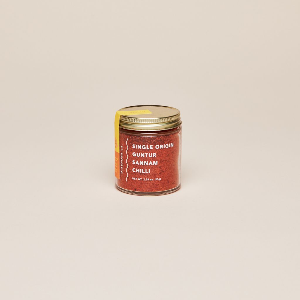 Glass jar that reads "Single Origin Guntur Sannam Chilli"